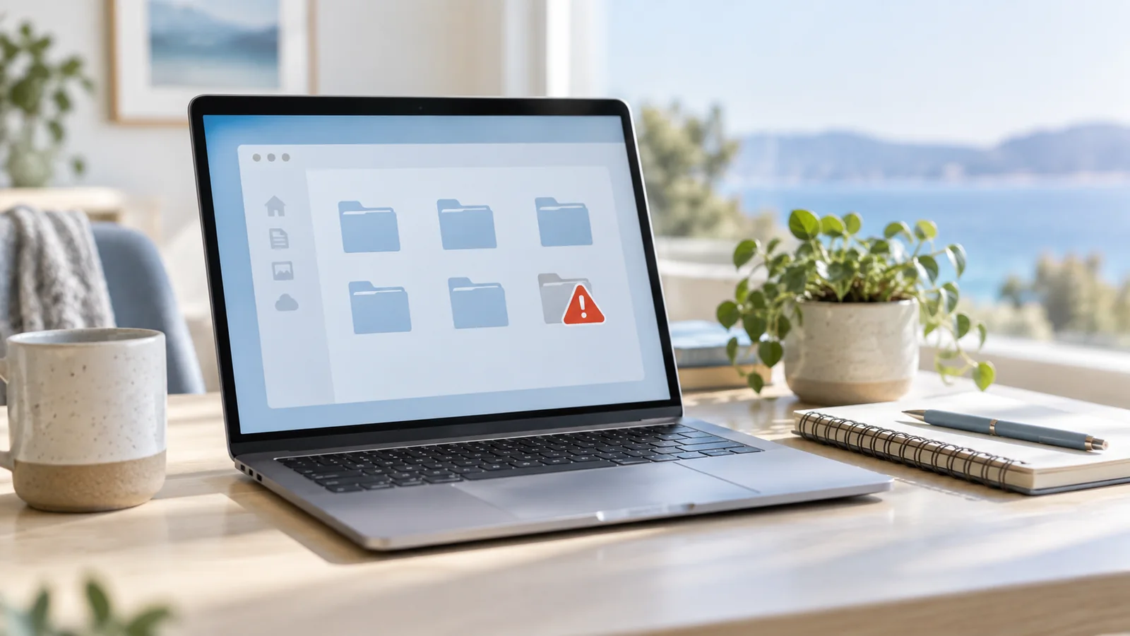 Laptop file folders with a warning symbol on a calm work desk