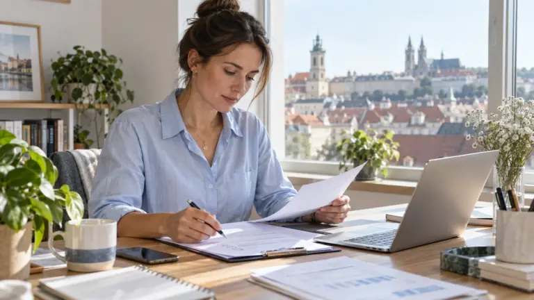 10 Risks of Entrepreneurship in EU (And How to Avoid Them in 2025) - Lorelei Web A business founder reviewing documents beside a bright Prague window